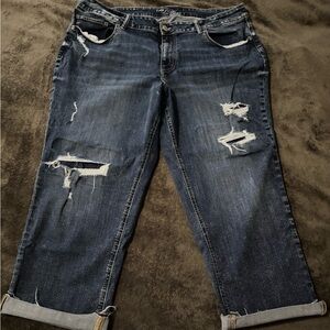 Maurices Mid-Rise Dark Blue Distressed Boyfriend Capri Jeans